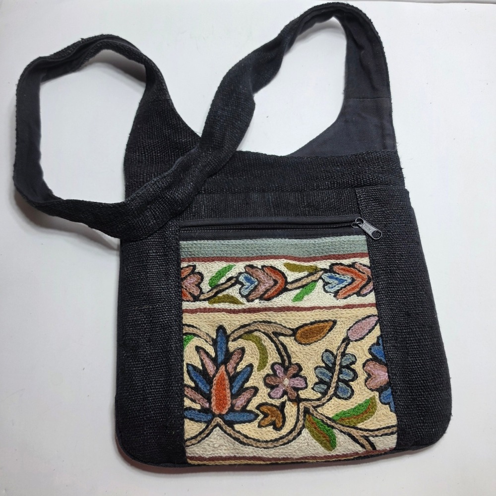 Earth Divas Nepal Fair Trade Hemp Crossbody Bag Floral Embroidered Black Boho